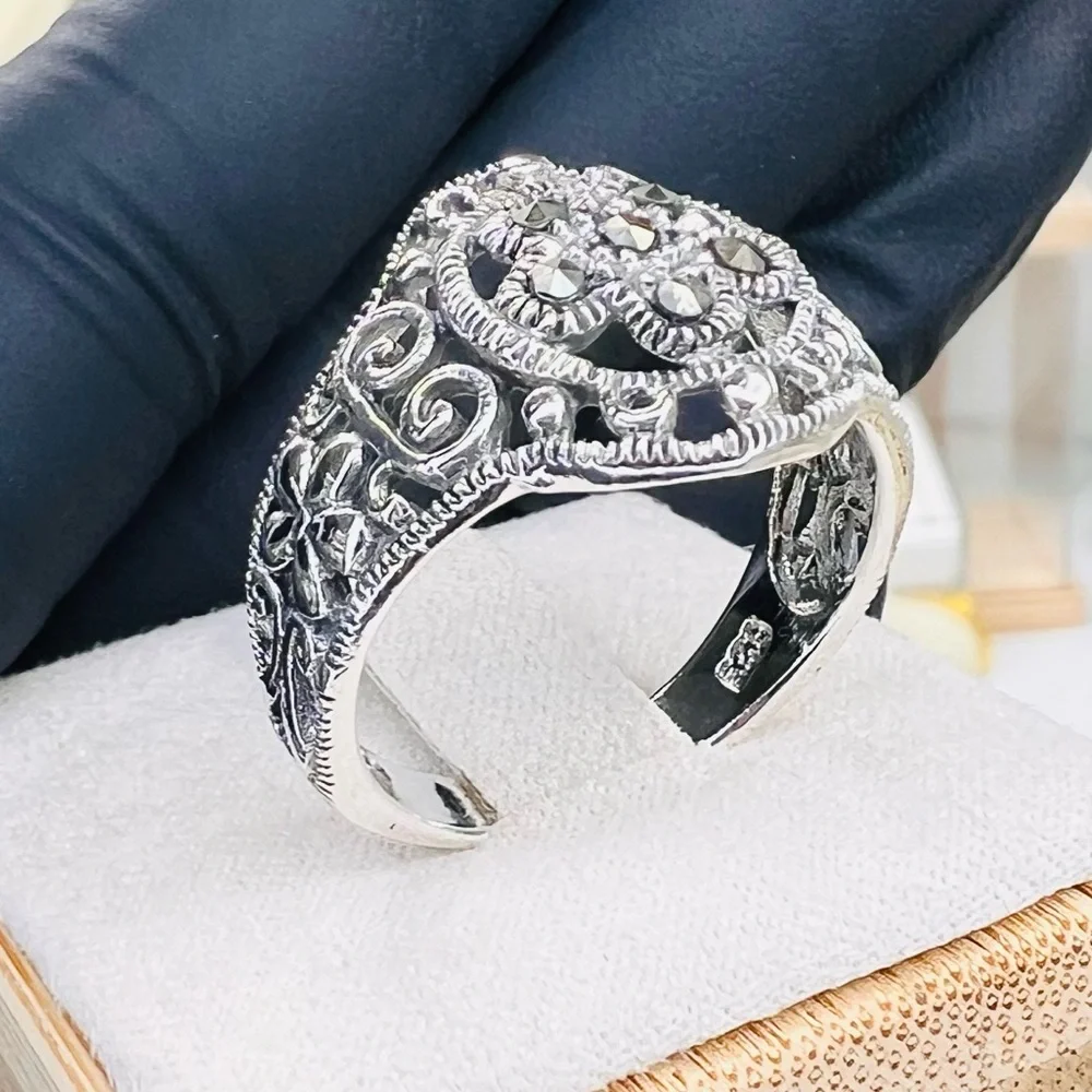 Sterling Silver Marcasite Filigree Art Lace Embroidery Cocktail Ring Size 9 - Picture 3 of 5